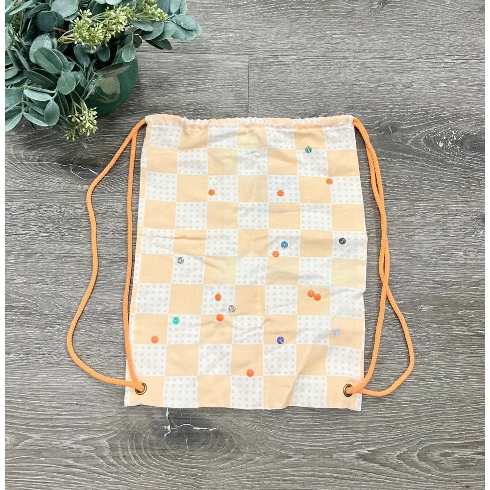 Oaks Of Acorn Peach‎ Check Drawstring Backpack NEW